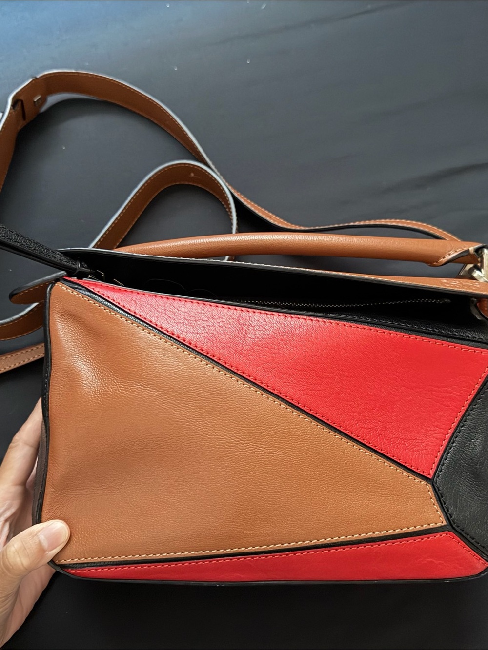 Loewe Leather Puzzle Colorblock Crossbody Bag in Red and Tan